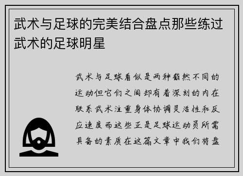 武术与足球的完美结合盘点那些练过武术的足球明星