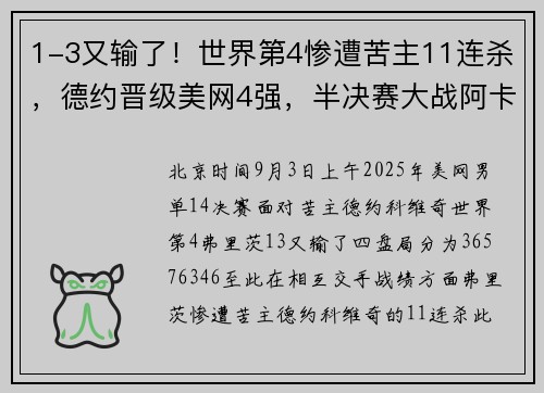 1-3又输了！世界第4惨遭苦主11连杀，德约晋级美网4强，半决赛大战阿卡！