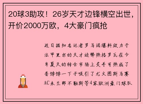 20球3助攻！26岁天才边锋横空出世，开价2000万欧，4大豪门疯抢